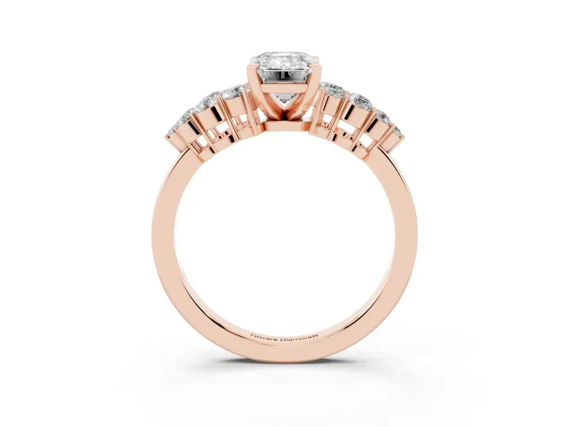Emerald Cut Side Stone Engagement Ring Setting | Two-Row Shoulder Clusters | Rose Gold