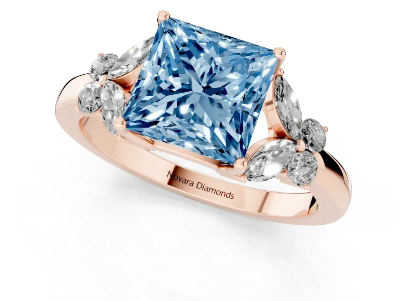 Fancy Blue Princess Cut Diamond Solitaire Floral Ring Set in Rose gold with Marquise Petals and Prong Setting
