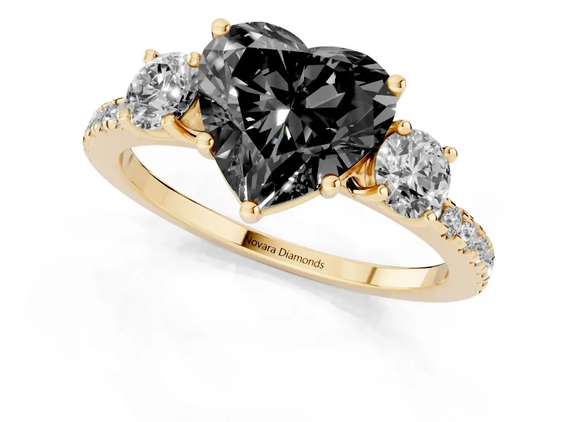 Heart-Shaped Three Stone Engagement Ring Setting for a Black Center | Pavé Shoulders | Yellow Gold