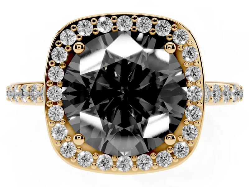 Round Pavé Halo Engagement Ring Setting for a Black Center | Yellow Gold
