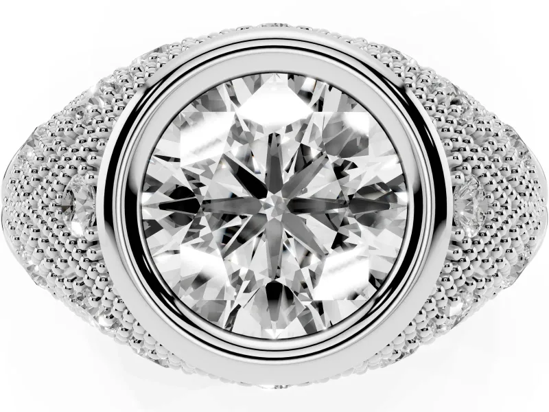 Round Cut Diamond Bezel Ring Set in White gold with Milgrain Accent Band