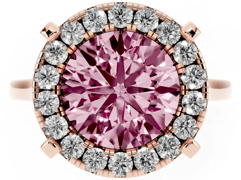 Round Halo Engagement Ring Setting for a Fancy Pink Lab-Grown Diamond | Claw Corners | Rose Gold