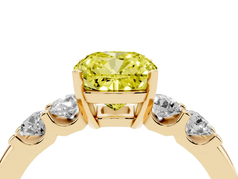 Fancy Yellow Cushion Cut Diamond Five-Stone Prong Set Engagement Ring Set in Yellow gold with Channel Band