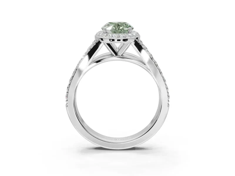 Oval Halo Pavé Engagement Ring Setting for a Fancy Green Lab-Grown Diamond | Narrow Split Shank | Sterling Silver