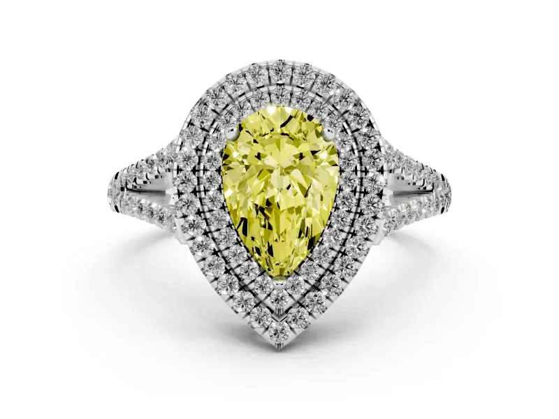 Fancy Yellow Pear Cut Diamond Double Halo Ring Set in White gold with Pavé Band