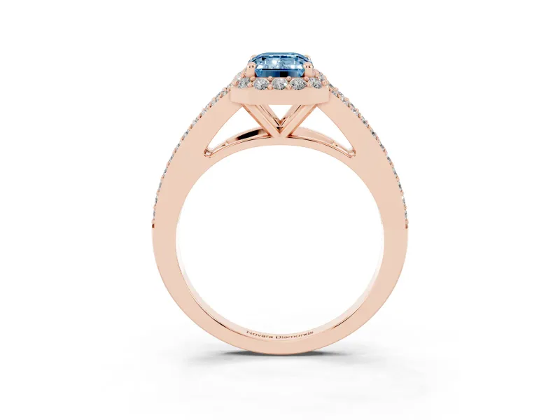 Emerald Cut Split Shank Halo Engagement Ring Setting for a Fancy Blue Lab-Grown Diamond | Rose Gold