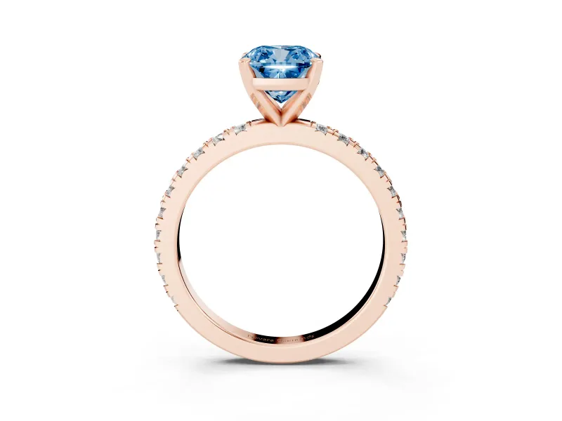 Fancy Blue Cushion Cut Diamond Pavé Band Solitaire Set in Rose gold with Prong Setting