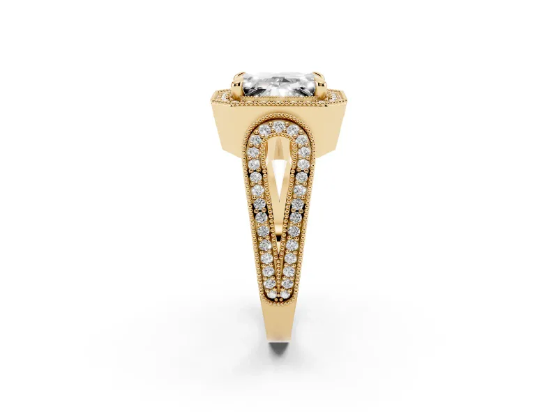 Emerald Cut Diamond Halo Ring Set in Yellow gold with Milgrain Accent Split Shank