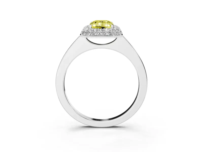 Fancy Yellow Emerald Cut Diamond Halo Engagement Ring Set in Platinum with Solitaire Band and Prong Setting