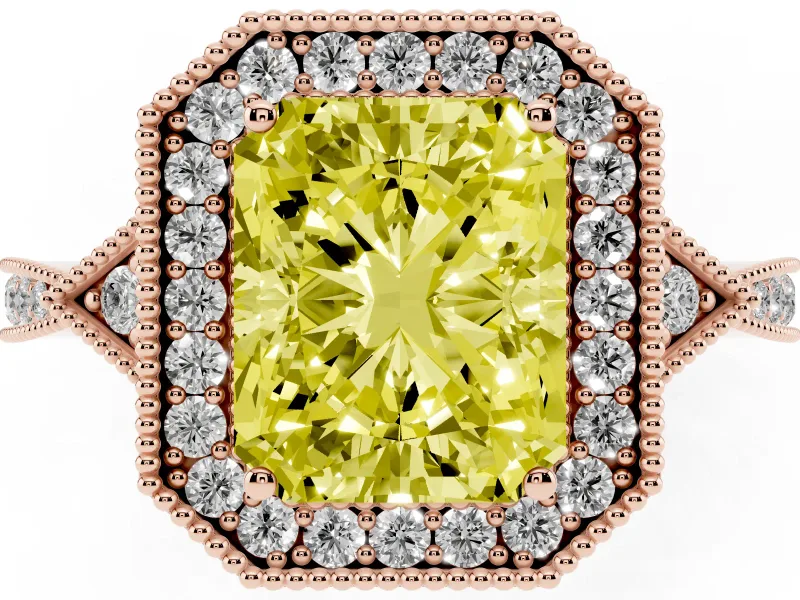 Fancy Yellow Radiant Cut Diamond Halo Engagement Ring Set in Rose gold with Milgrain Pavé Band