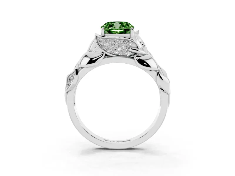 Cushion Cut Leaf Bypass Engagement Ring Setting for a Fancy Green Lab-Grown Diamond | Sculpted Leaves | Sterling Silver