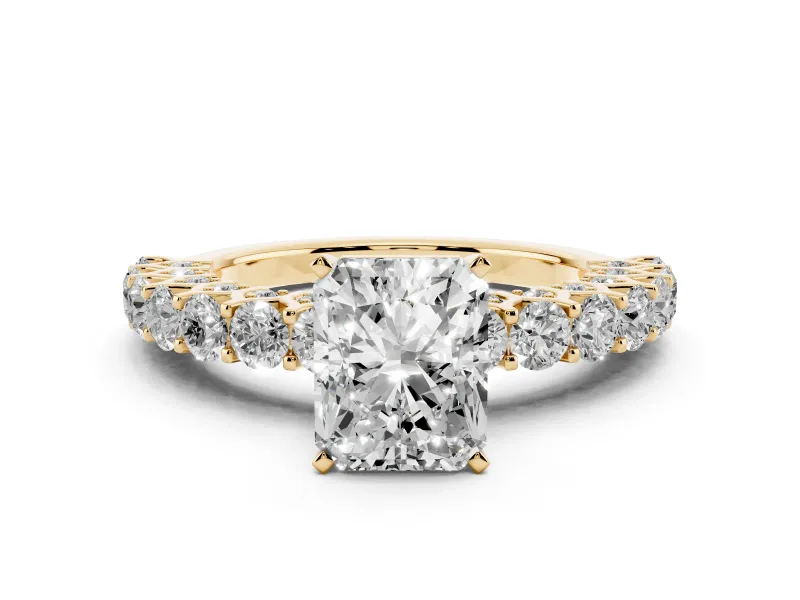 Radiant Cut Diamond Solitaire Ring Set in Yellow gold with Shared Prong Pavé Band