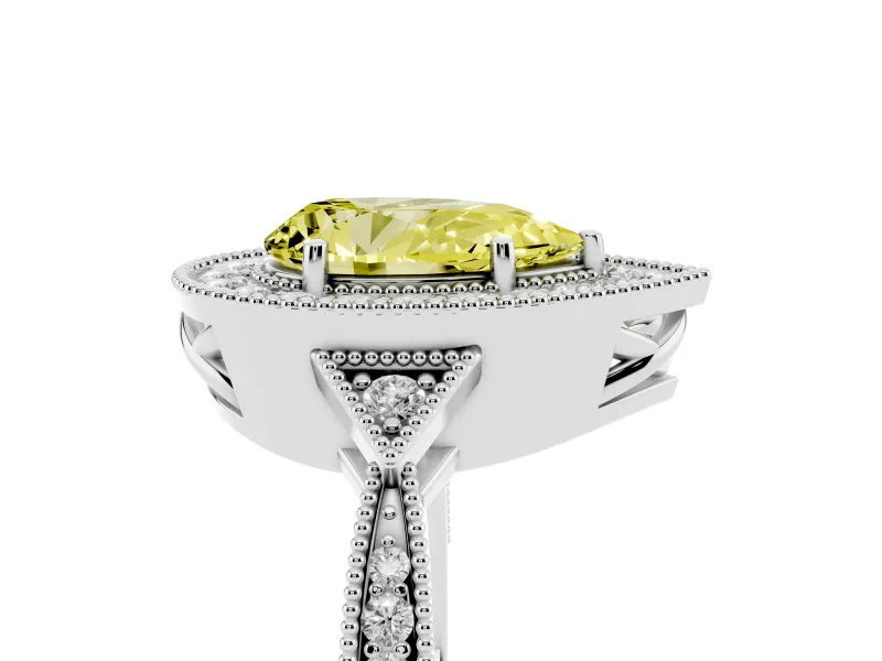 Fancy Yellow Pear Cut Diamond Halo Engagement Ring Set in Silver with Milgrain Pavé Band