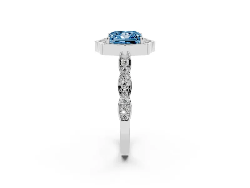 Princess Cut Vintage Scalloped Halo Engagement Ring Setting for a Fancy Blue Lab-Grown Diamond | Pave Band | White Gold