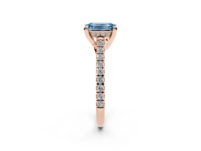 Emerald Cut Hidden Halo Pave Engagement Ring Setting for a Fancy Blue Lab-Grown Diamond | Claw Prongs | Rose Gold