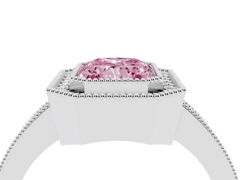 Fancy Pink Radiant Cut Diamond Halo Engagement Ring Set in Platinum with Pavé Band and Round Halo Stones