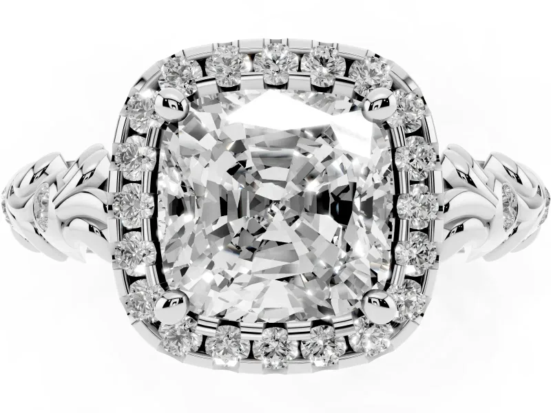 Cushion Cut Filigree Leaf Halo Engagement Ring Setting | Bezel Leaf Accents | Sterling Silver