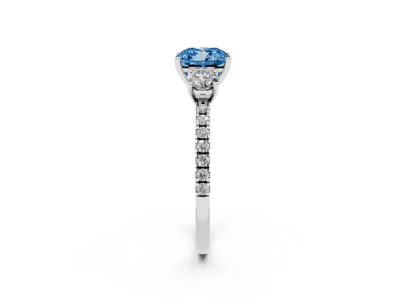 Cushion Cut Three Stone Engagement Ring Setting for a Fancy Blue Lab-Grown Diamond | Pave Shoulders | Platinum