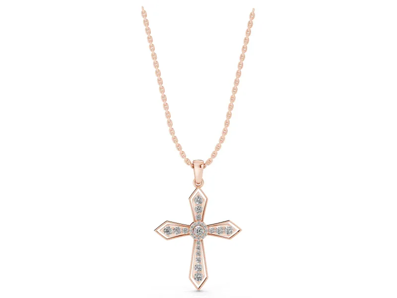 Round Lab-Grown Diamond Vintage Milgrain Cross Pendant Necklace | Pointed Arms | Rose Gold