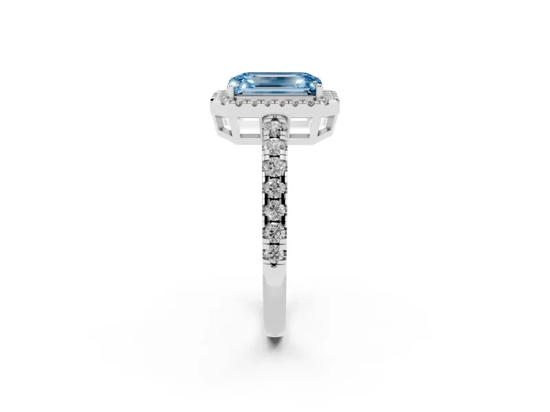 Fancy Blue Emerald Cut Diamond Halo Ring Set in Platinum with Delicate Pavé Band and Prong Setting