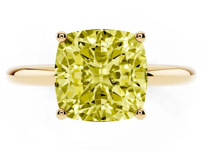 Cushion Cut Hidden Halo Engagement Ring Setting for a Fancy Yellow Lab-Grown Diamond | Plain Band | Yellow Gold