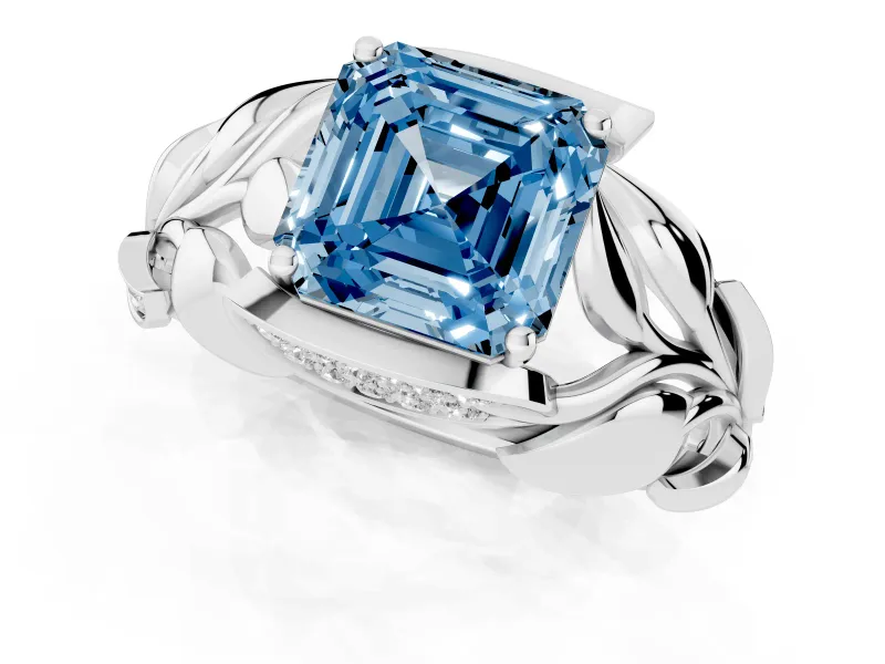 Asscher Cut Leaf Bypass Engagement Ring Setting for a Fancy Blue Lab-Grown Diamond | Sterling Silver