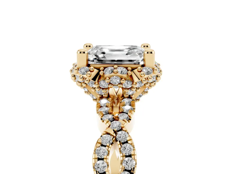Asscher Cut Diamond Halo Twist Band Solitaire Ring Set in Yellow gold with Prong-Set Center Stone