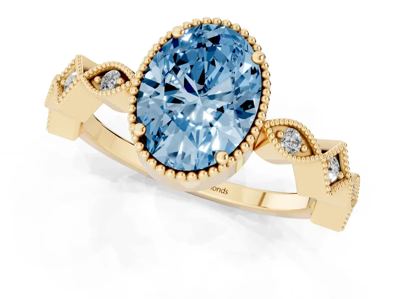 Fancy Blue Oval Cut Diamond Milgrain Marquise Twist Band Ring Set in Yellow gold with Prong Setting
