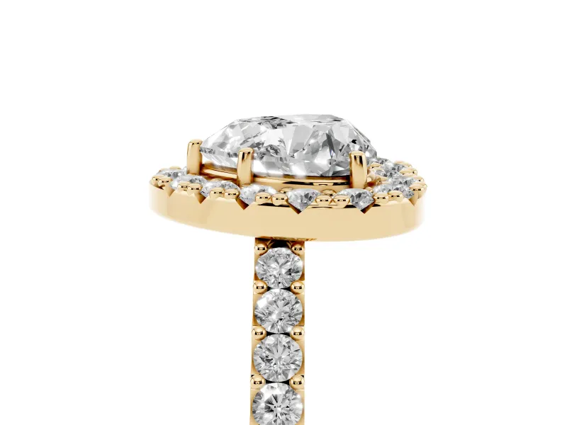 Heart Cut Diamond Halo Pavé Solitaire Ring Set in Yellow gold with Prong-Set Center Stone