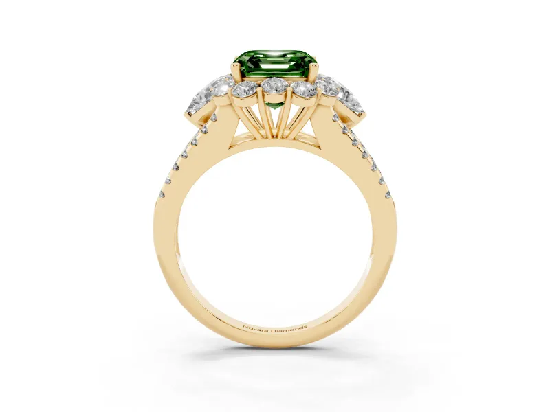 Asscher Cut Scalloped Halo Engagement Ring Setting for a Fancy Green Lab-Grown Diamond | Pear Side Stones | Yellow Gold