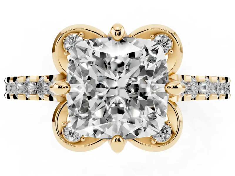 Cushion Cut Floral Petal Engagement Ring Setting | Petal Accents | Yellow Gold
