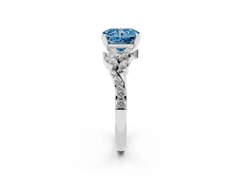 Fancy Blue Radiant Cut Diamond Solitaire Ring Set in Silver with Marquise Twist Band and Prong Setting