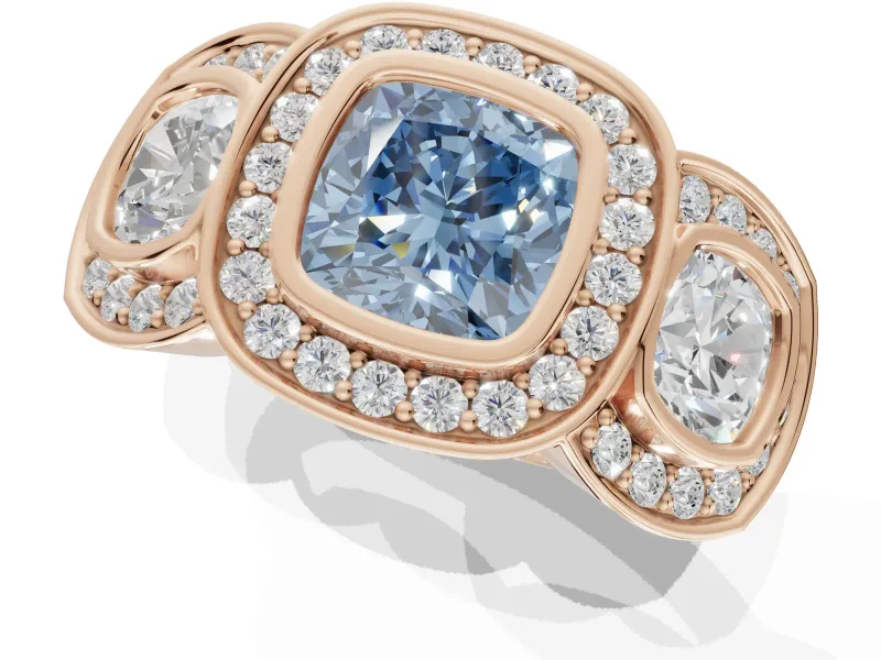 Cushion Cut Three Stone Halo Engagement Ring Setting for a Fancy Blue Lab-Grown Diamond | Rose Gold