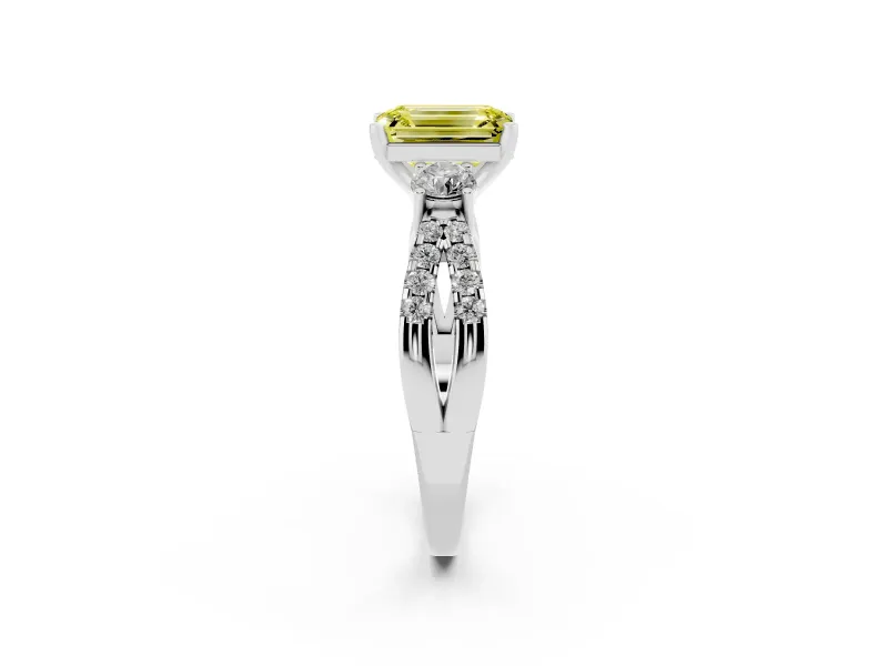 Emerald Cut Three Stone Engagement Ring Setting for a Fancy Yellow Lab-Grown Diamond | Platinum