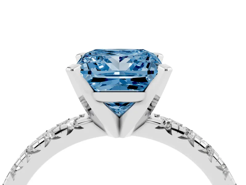 Fancy Blue Princess Cut Diamond Solitaire Pavé Engagement Ring Set in Silver with Round Band and Prong Setting