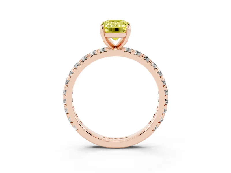 Fancy Yellow Emerald Cut Diamond Pavé Solitaire Ring Set in Rose gold with Round Band and Prong Setting