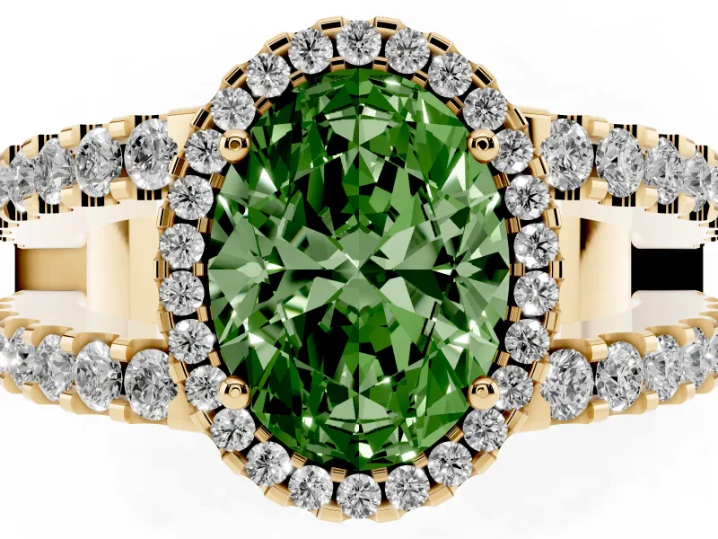 Fancy Green Oval Cut Diamond Halo Ring Set in Yellow gold with Pavé Split Shank and Prong Setting