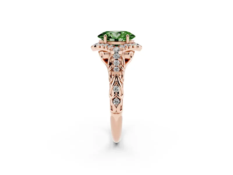 Oval Hidden Halo Filigree Engagement Ring Setting for a Fancy Green Lab-Grown Diamond | Rose Gold