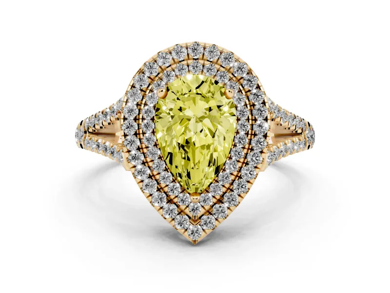 Fancy Yellow Pear Cut Diamond Double Halo Ring Set in Yellow gold with Pavé Band