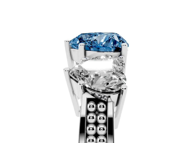 Heart-Shaped Three Stone Engagement Ring Setting for a Fancy Blue Lab-Grown Diamond | Beaded Shoulders | Platinum