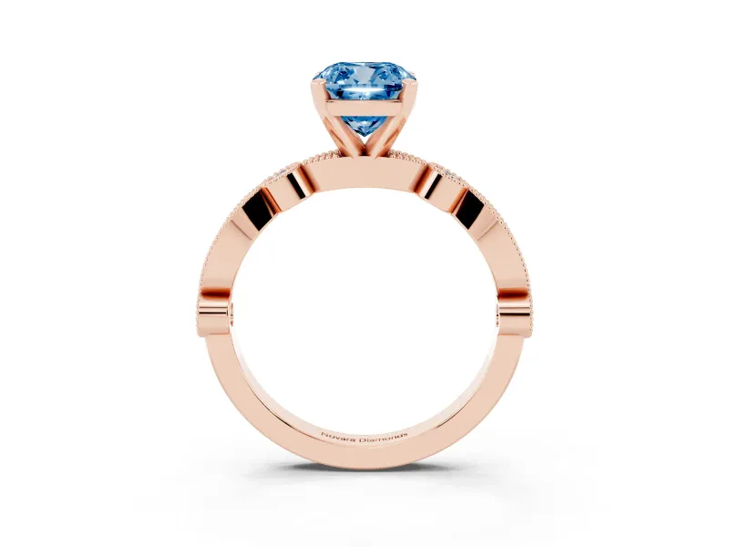 Fancy Blue Cushion Cut Diamond Solitaire Engagement Ring Set in Rose gold with Milgrain Bezel Accent Band