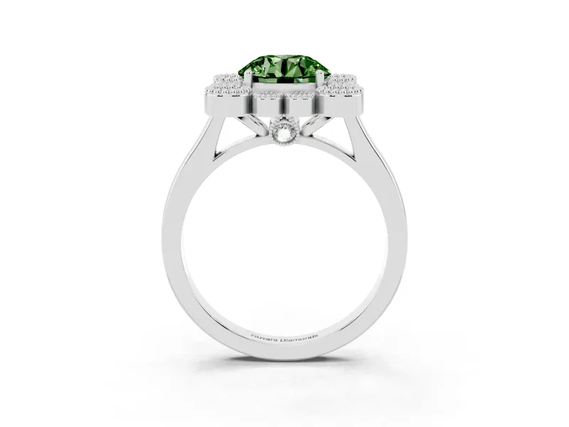 Round Milgrain Cluster Halo Engagement Ring Setting for a Fancy Green Lab-Grown Diamond | Plain Band | White Gold