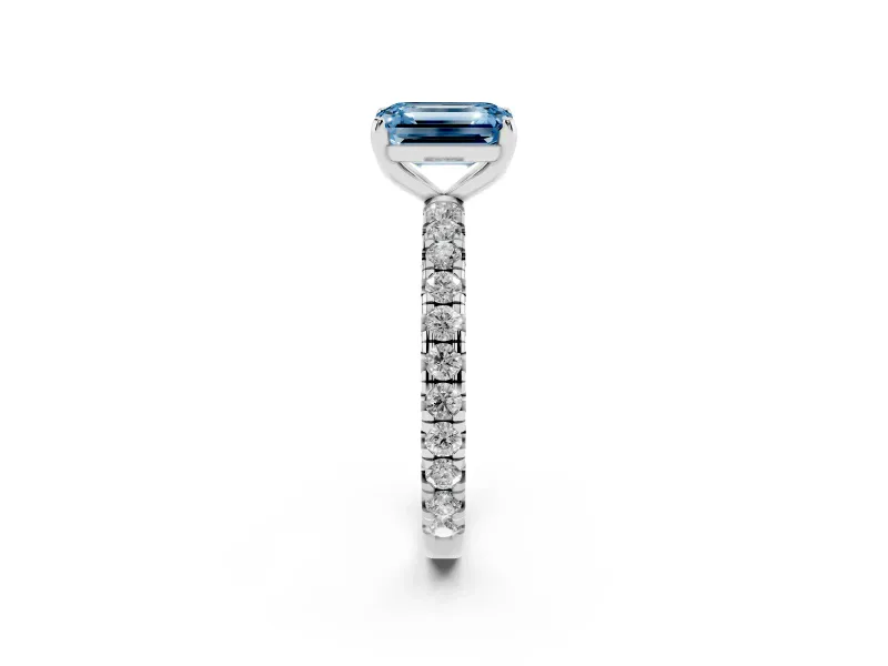 Fancy Blue Emerald Cut Diamond Pavé Solitaire Ring Set in White gold with Round Band and Prong Setting