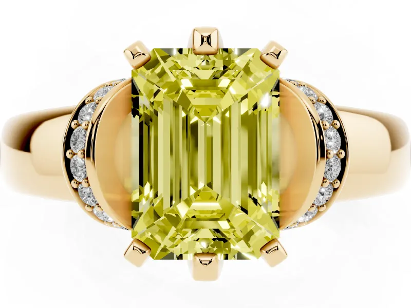 Fancy Yellow Emerald Cut Diamond Pavé Band Solitaire Ring Set in Yellow gold with Prong Setting