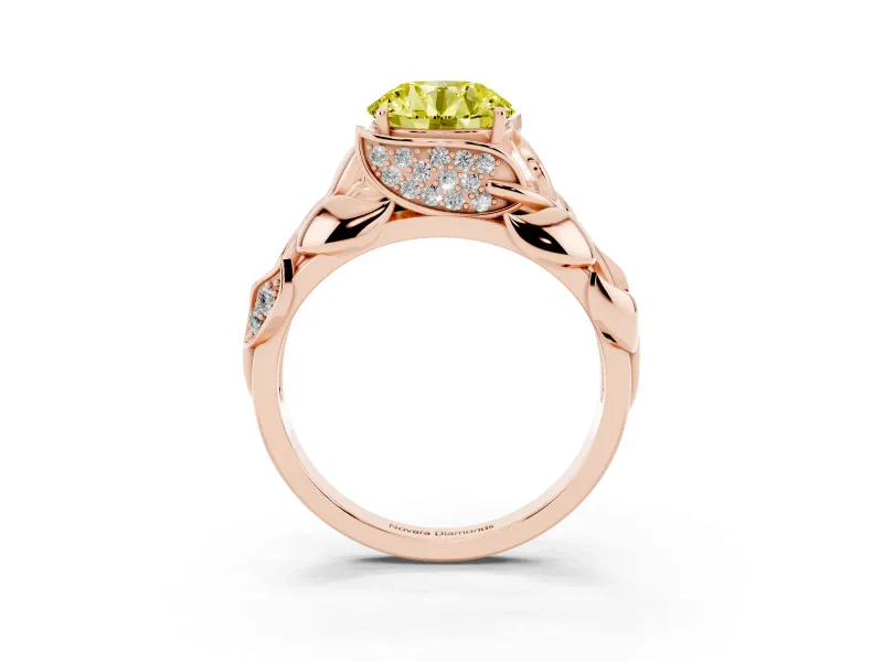 Fancy Yellow Round Cut Diamond Leaf-Inspired Engagement Ring Set in Rose gold with Round Accents