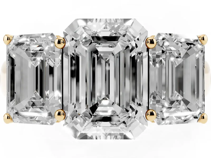 Emerald Cut Three Stone Engagement Ring Setting | Basket Prong Heads | Yellow Gold