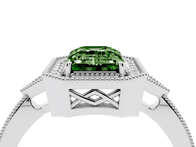 Fancy Green Emerald Cut Diamond Halo Engagement Ring Set in Silver with Milgrain Pavé Band
