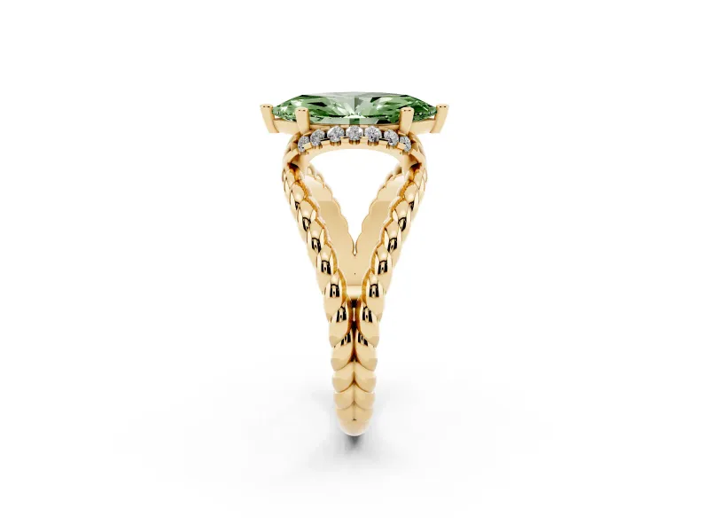 Fancy Green Marquise Cut Diamond Halo Ring Set in Yellow gold with Twisted Band and Prong Setting