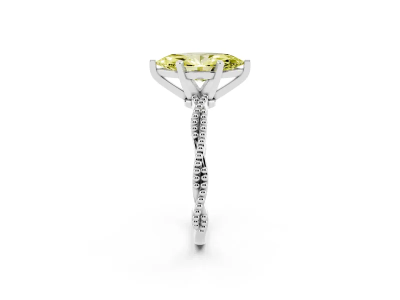 Fancy Yellow Marquise Cut Diamond Solitaire Ring Set in Platinum with Twisted Band and Bead Prong Setting