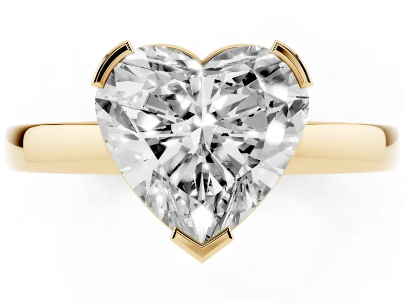 Heart Cut Diamond Solitaire Ring Set in Yellow gold with Prong Head and Smooth Polished Band